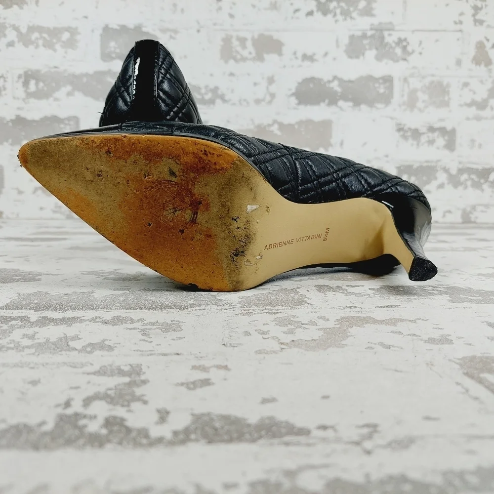 Adrienne Vittadini Jantine Black Quilted Leather Patent Cap Toe Heels E463